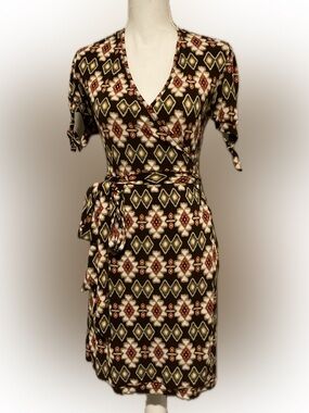 Veronica M Brown and Olive Green Geometric Wrap Dress